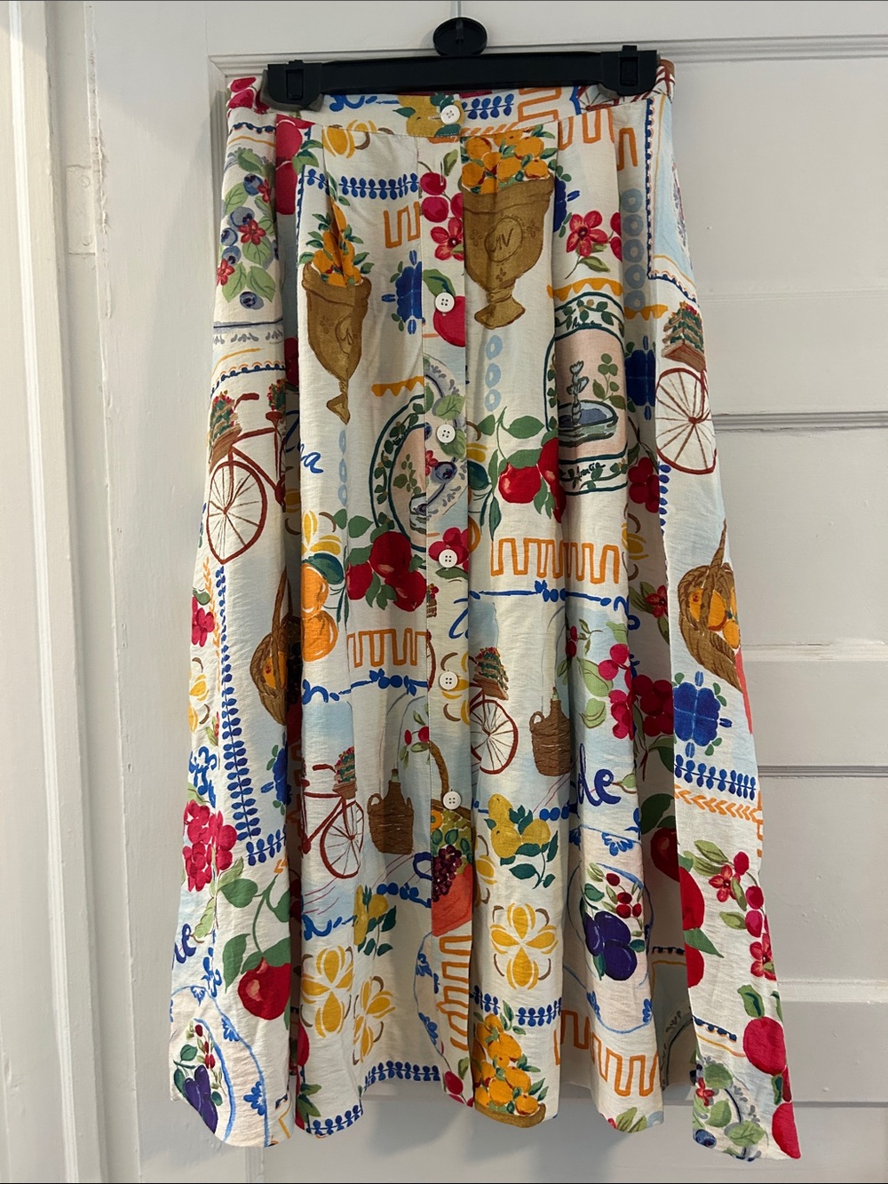Zara Multicolor Floral & Fruit Print Button-Front Midi Skirt